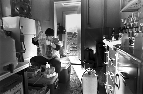 Limnology is the study of fresh water lakes. Surprisingly, Antarctic lakes in the dry valleys are warmest at the bottom. This Limnologist prepares water samples.