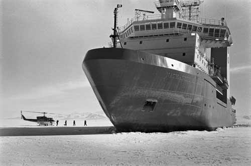 A replacement science crew joins the research vessel Nathaniel B. Palmer at the ice edge off Cape Royds in McMurdo Sound.