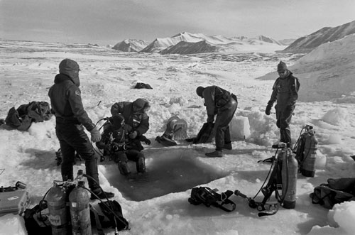 Scientists prepare for research under the ice.